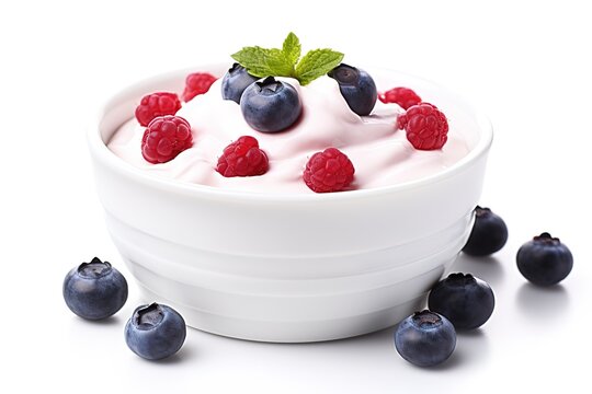 yogurt with berries and blueberries on white background. generative Ai