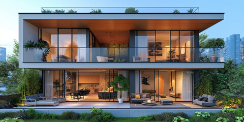Schönes edles Haus mit viel Glas und großen Fenster im modernen Baustil, ai generativ - obrazy, fototapety, plakaty