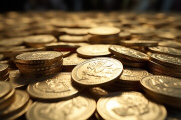 Multiple one euro coins on white background with shadow.