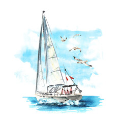 Sea boat, yacht on the waves near the tropical beach. Hand drawn watercolor illustration  isolated on white background