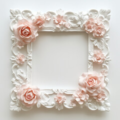 Obraz na płótnie Canvas Classic rose-embellished frame on white background, ideal for stylish photo borders or sophisticated home decor ads