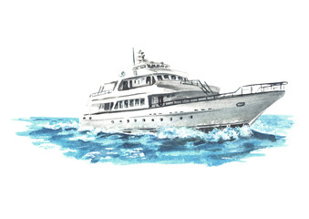 Sea boat, yacht on the waves near the tropical beach. Hand drawn watercolor illustration  isolated on white background © dariaustiugova