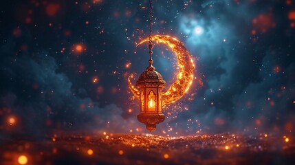 Glowing Lamp with a Crescent Moon: A Celebration of Ramadan and Eid Generative AI - obrazy, fototapety, plakaty