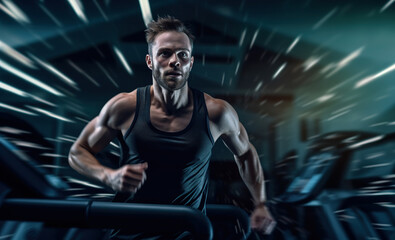 Fototapeta na wymiar Front view of very muscular man running fast on treadmill in modern gym. Handsome guy on cardio training at gym.