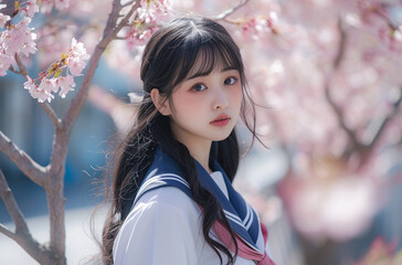 春　桜の前で微笑む少女　「AI生成画像」