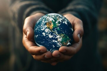 Small planet Earth in a human's hands. AI generative