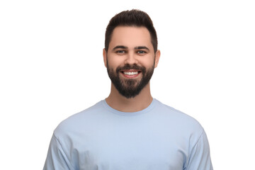 Man with clean teeth smiling on white background