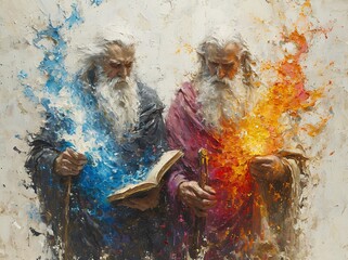 Bearded Wizards - A painting of two bearded men, possibly wizards, reading a book together. The painting could be inspired by the current trend of beard grooming  Generative AI