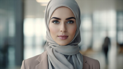 Close up portrait of Arab business woman wearing abaya and standing in modern office or company corridor.