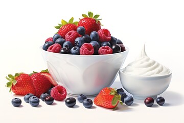 A bowl of yogurt next to a bowl containing blueberries and strawberries. generative AI