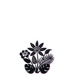 Abstract black plant silhouette with glitch effect on white background. Bouquet of flowers and leaves. Vector illustration.