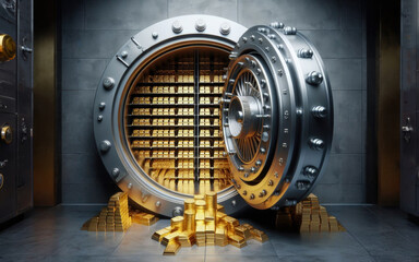 Open bank safe vault door with golden ingots peeking from inside - obrazy, fototapety, plakaty