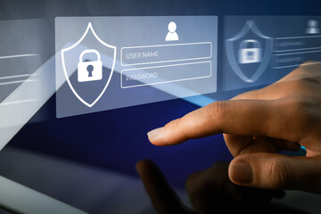 Privacy protection. Woman using tablet, closeup. Digital login interface over device