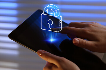 Privacy protection. Woman using tablet, closeup. Illustration of padlock over device