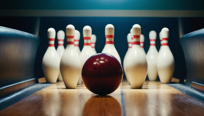a red bowling ball sitting in front of a bowling pins