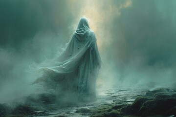 Ghostly Figure in White Cloak Generative AI - obrazy, fototapety, plakaty
