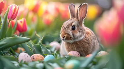 Fototapeta na wymiar cute realistic bunny easter with blur nature background