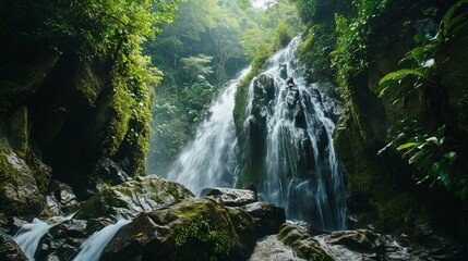 Naklejka na ściany i meble Majestic waterfall cascading down rugged rocks surrounded by lush greenery, capturing the raw beauty of nature. .8k, --ar 16:9 --v 6.0 - Image #2 @Adnan Khan