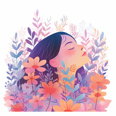 Obraz na płótnie Canvas Flat illustration of a girl in love in flowers, dreaming of happiness