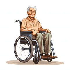 Elderly individual using a donated wheelchair isolated on white background, cartoon style, png

