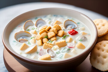 A bowl of creamy clam chowder with oyster crackers