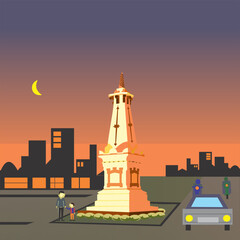 Flat vector illustration of the historic Tugu Yogyakarta monument in Indonesia at sunset, a conceptual graphic for travel and Southeast Asian culture