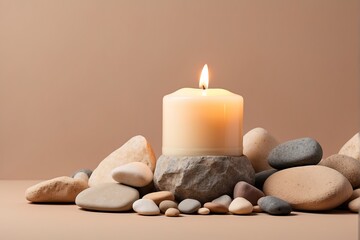 Fototapeta na wymiar Candle on beige background. Warm aesthetic composition with stones