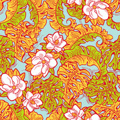 Tropical plant leaves pattern for textile design, fabric print, wallpaper, digital paper. Palm tree leaf background, jungle vintage style, hand drawn illustration for cafe, spa hotel decoration.