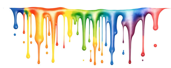 Vibrant Liquid Art: Colorful Paint Splashes on White Background with Drips and Blobs, Illustration of Wet, Fluid Design with a Rainbow of Colors in Acrylic Texture