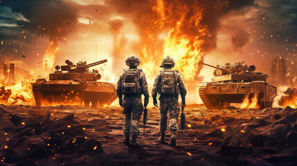 Back view of two soldiers standing in big explosion in war - obrazy, fototapety, plakaty