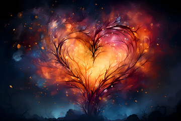 Grunge background with heart shape made of tree branches in fire.