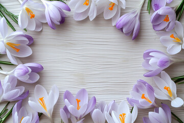 a spring banner, delicate light purple crocuses lie in the form of a frame on a light wooden background, and in the center there is a place for text, the concept of spring design and greeting cards
