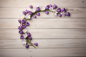 a composition of white and purple crocuses laid out in a semicircle on a light wooden background, the concept of creative spring design and marketing