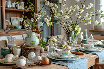 Obraz na płótnie Canvas rustic Easter table setting composition with painted eggs,painted dishes and flowering branches, the concept of Easter design and greeting cards