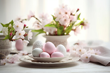 Fototapeta na wymiar Easter table setting composition with colored eggs,light dishes and delicate apple blossoms, the concept of Easter design and greeting cards