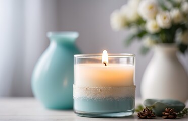 A scented candle placed on a white table adorned with vases