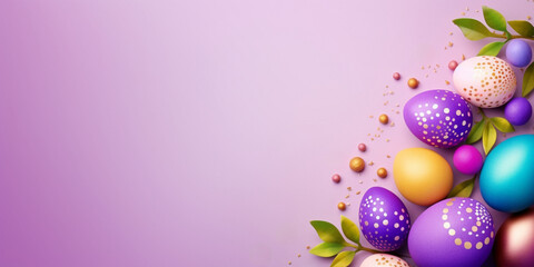 Obraz na płótnie Canvas stylish bright Easter banner with colored eggs,violet gradient background with a place for text, the concept of creative Easter design, advertising and greeting cards