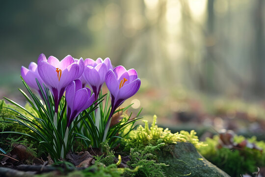 delicate purple crocus flowers bloom against the background of a spring forest landscape, symbolizing the beginning of spring and a new life, the concept of spring design and marketing