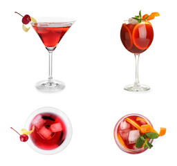 Aperol based cocktails isolated on white, collection. Top and side views