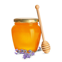 Honey in glass jar, dipper and lavender flowers isolated on white