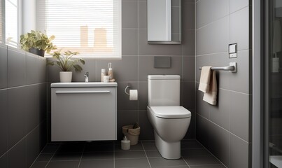 Fototapeta na wymiar A minimalist and clean toilet design with gray walls. generative AI