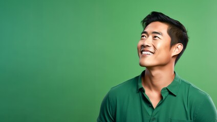 Side view of attractive adult Asian man smile isolated on green background.