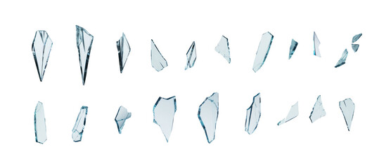 Shards of shattered glass. Pieces of broken glass isolated. Transparent background PNG. Pen tool cutout. Side by side of various broken glass pieces of several shapes and sizes.  - obrazy, fototapety, plakaty