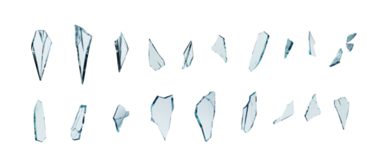 Shards of shattered glass. Pieces of broken glass isolated. Transparent background PNG. Pen tool cutout. Side by side of various broken glass pieces of several shapes and sizes. 