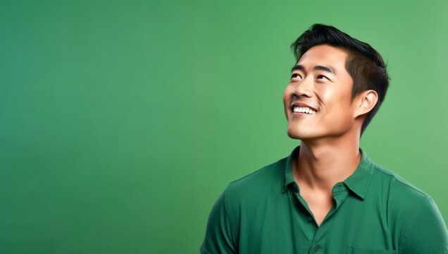 Side view of attractive adult Asian man smile isolated on green background.