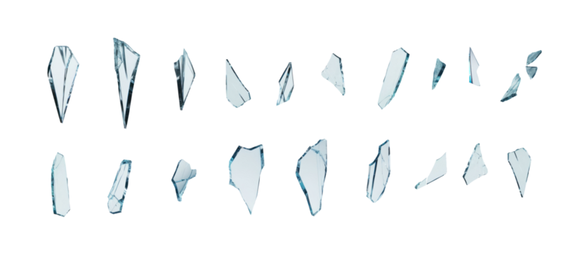 Shards of shattered glass. Pieces of broken glass isolated. Transparent background PNG. Pen tool cutout. Side by side of various broken glass pieces of several shapes and sizes. 
