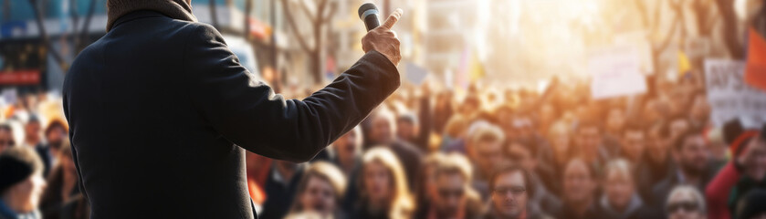 Speaker Addressing Crowd at Outdoor Rally - obrazy, fototapety, plakaty
