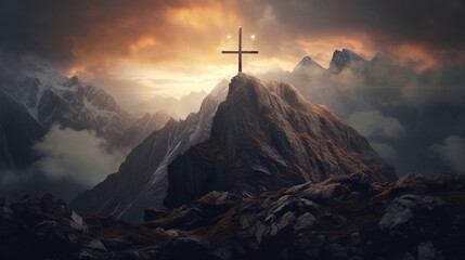 a cross is on top of the mountain with the clouds and mountains - obrazy, fototapety, plakaty