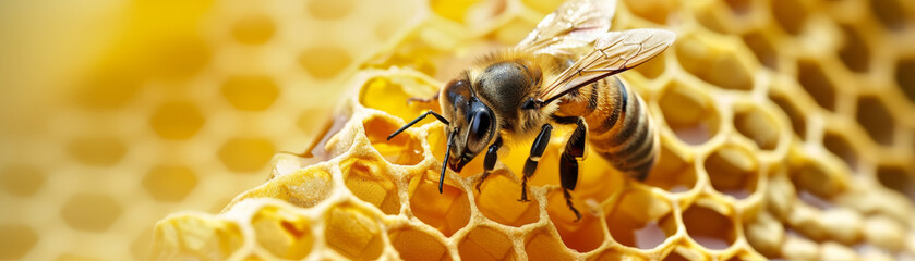 Naklejka premium Bee on Golden Honeycomb: A Macro Perspective of Nature's Harmony