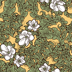 Tropical plant leaves pattern for textile design, fabric print, wallpaper, digital paper. Palm tree leaf background, jungle vintage style, hand drawn illustration for cafe, spa hotel decoration.